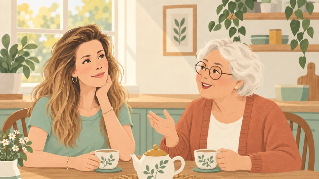 Illustration of Victoria sharing tea and conversation with an older woman at a sunny kitchen table